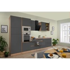 Respekta Premium Küchenzeile Grifflos 335 Cm Grau Hochglanz-Eiche Sägerau