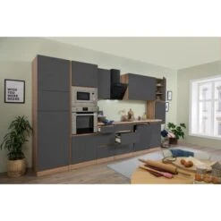 Respekta Premium Küchenzeile Grifflos 395 Cm Grau Hochglanz-Eiche Sägerau