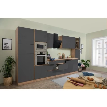 Respekta Premium Küchenzeile Grifflos 395 Cm Grau Hochglanz-Eiche Sägerau 3 Respekta Premium Küchenzeile Grifflos 395 Cm Grau Hochglanz-Eiche Sägerau