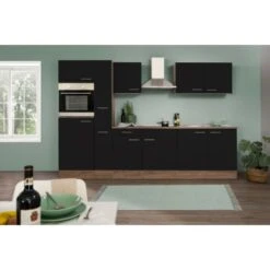 Respekta Küchenzeile KB300EYS 300 Cm Schwarz Seidengl.-Eiche York Nachbildung