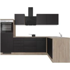 Flex-Well Exclusiv Winkelküche Capri 280 X 170 Cm Schwarz Matt-Endgrain Oak -KüchenTraum 4047584070490 4051 S 01