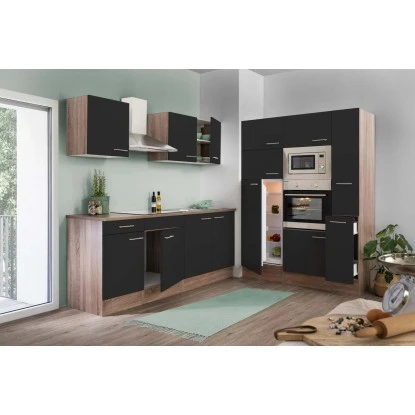 Respekta Küchenzeile Ohne E-Geräte 360 Cm Schwarz Seidengl.-Eiche York 5 Respekta Küchenzeile Ohne E-Geräte 360 Cm Schwarz Seidengl.-Eiche York – Bild 3