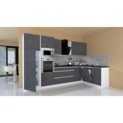 Respekta Premium Winkelküche Grifflos 345 Cm Grau Hochglanz-Weiß -KüchenTraum 511 4384 GLRPL345HWGGKE 01