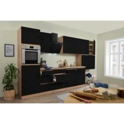 Respekta Küchenzeile GLRP380HESS Grifflos 380 Cm Schwarz Hochglanz-Sonoma Eiche