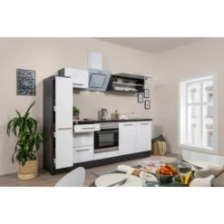 Respekta Premium Küchenzeile 240 Cm Weiß Hochglanz-Eiche Grau