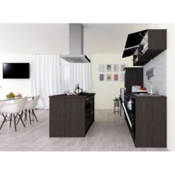 Respekta Premium Inselküche 280 Cm Schwarz Hochglanz-Eiche Grau