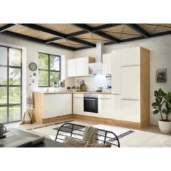 Respekta Küchenzeile Marleen 310 Cm Artisan-Eiche Weiß Hochglanz Winkel