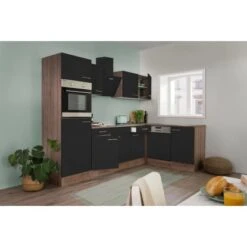 Respekta Winkelküche 280 Cm Schwarz-Seidenglanz Eiche-York