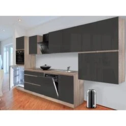 Respekta Küchenzeile GLRP380HESG Grifflos 380 Cm Grau Hochglanz-Sonoma Eiche -KüchenTraum Kuechenzeile GLRP380HESG 1