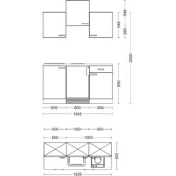 Flex-Well Exclusiv Singleküche Capri 150 Cm Schwarz Matt-Endgrain Oak -KüchenTraum Skizze G1501001000 28mmAPL